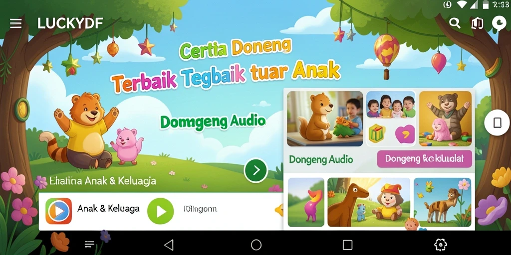 Antarmuka aplikasi LUCKYDF dengan pilihan dongeng audio yang beragam.