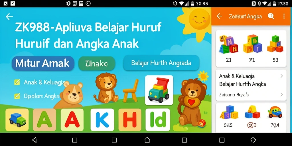 Antarmuka aplikasi ZK988 yang ramah anak saat belajar huruf dan angka.